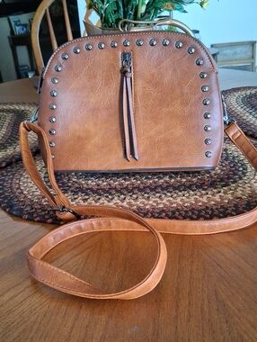 Brown Stud-Trim Crossbody Bag with Tassel